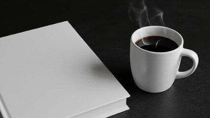 A blank white book and a steaming cup of dark coffee on a dark surface, promoting relaxation and contemplation