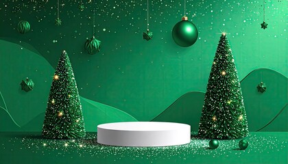 Elegant Green Christmas Podium Display with Festive Ornaments and Falling Glitter.