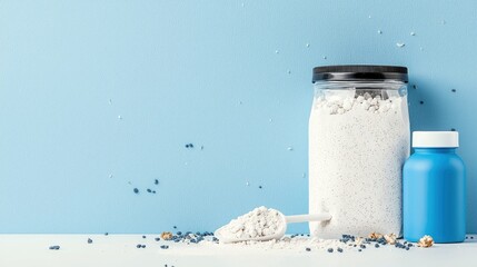 A jar of protein powder with a scoop, a blue pill bottle, and scattered ingredients on a white table against a blue background.