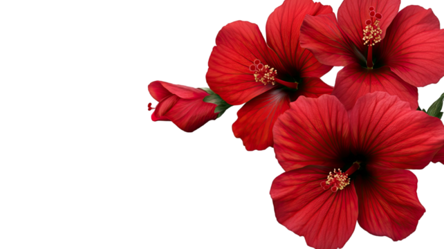 Vibrant red hibiscus flowers with detailed petals and blooming bud arranged in decorative cluster isolated on white background