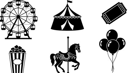 Classic carnival and fair icons in silhouette style on white background