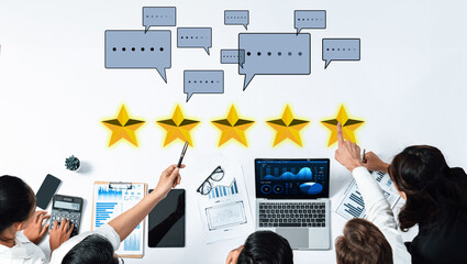 Team engaged in a discussion about client satisfaction using five-star ratings and feedback...