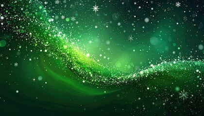 Magical Green Swirling Galaxy with Sparkling Snowflakes and Bokeh Lights.