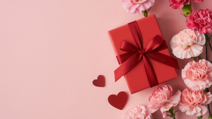 Red gift box with ribbon surrounded by pink carnations and heart shapes perfect for Mothers Day or Valentines Day