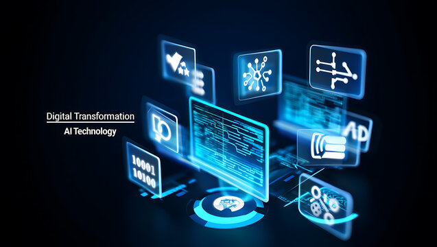 Abstract glowing blue digital interface with interconnected data icons and futuristic technology elements on a dark background