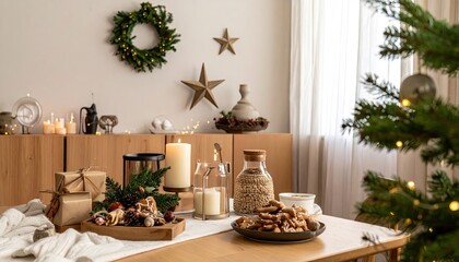 Cozy Christmas Table Setting with Gifts Cookies and Candles.