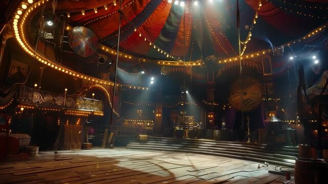 An abandoned circus with dim lighting and dusty spaces illustrates the decline of culture, creating a dramatic backdrop for art projects.

