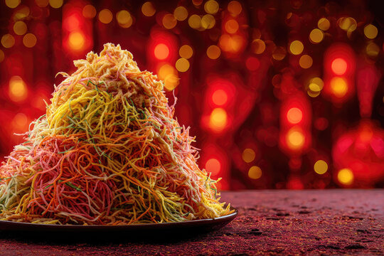 Yusheng salad with vibrant shredded vegetables and crispy noodles is ready for lo hei celebration, symbolizing prosperity and joy during festive gatherings