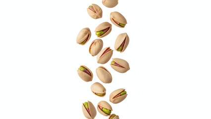 Obraz premium High-speed motion-freeze realistic shot of pistachios falling centrally forming natural scatter without pattern, isolated white background