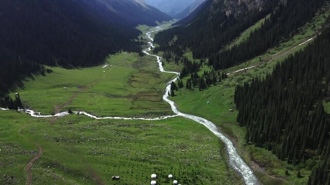 Kyrgyzstan landscape. Altyn Arashan aerial drone footage with valley, pines, flowing river, yurt houses and mountains.
