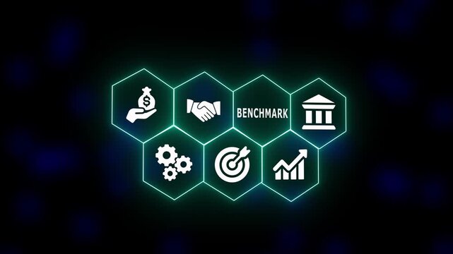 A glowing futuristic hexagon interface showcasing benchmark icons symbolizing performance comparison, reference standards, and measurable benchmark indicators.