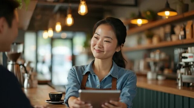 smiling asian waitress in apron taking order from customer using digital tablet in cozy cafe. modern hospitality service and technology. small business management.