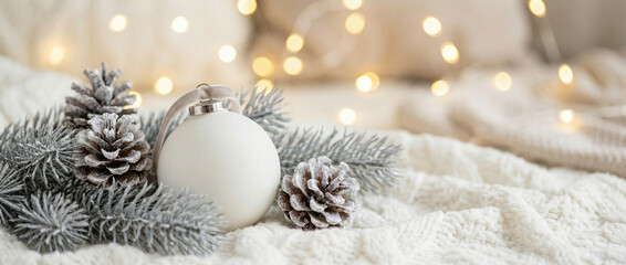 Christmas white decoration ball and spruce tree close up, bokeh lights background. Merry Christmas and Happy Holidays greeting card, frame, banner. New Year. Noel. Winter festive xmas theme
