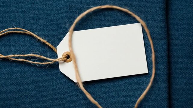 Plain white rectangle gift tag with twine on textured dark blue fabric background