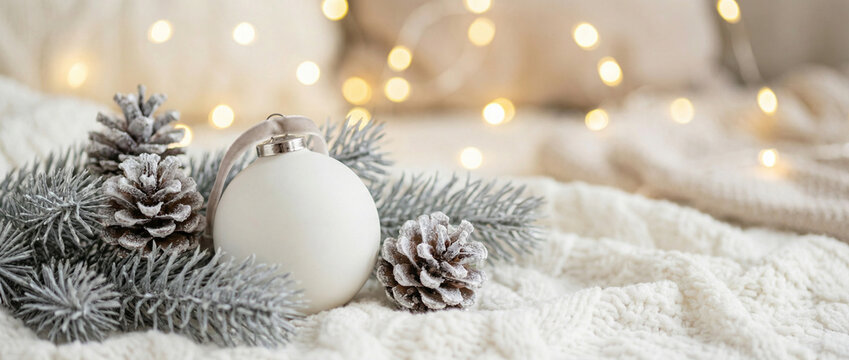 Christmas white decoration ball and spruce tree close up, bokeh lights background. Merry Christmas and Happy Holidays greeting card, frame, banner. New Year. Noel. Winter festive xmas theme