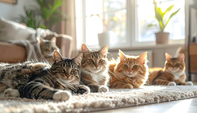 Group of Five Domestic Cats Resting on a Soft Rug Indoors Illuminated by Warm Sunlight Streaming Through a Window Creating a Cozy and Peaceful Atmosphere