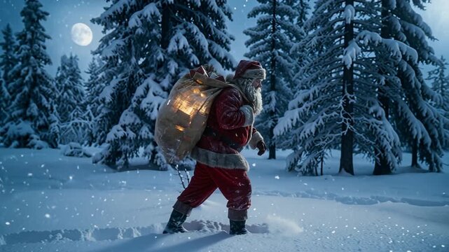 Santa Claus walking through snowy forest carrying gift sack and glowing lantern. Traditional Christmas scene with Father Christmas delivering presents in winter wonderland with falling snow and trees.