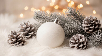 Christmas white decoration ball and spruce tree close up, bokeh lights background. Merry Christmas and Happy Holidays greeting card, frame, banner. New Year. Noel. Winter festive xmas theme