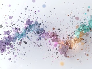 Abstract image of colorful hexagons and spheres floating against a white background, creating a dynamic and visually appealing composition.