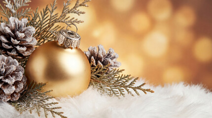 Christmas white decoration ball and spruce tree close up, bokeh lights background. Merry Christmas and Happy Holidays greeting card, frame, banner. New Year. Noel. Winter festive xmas theme