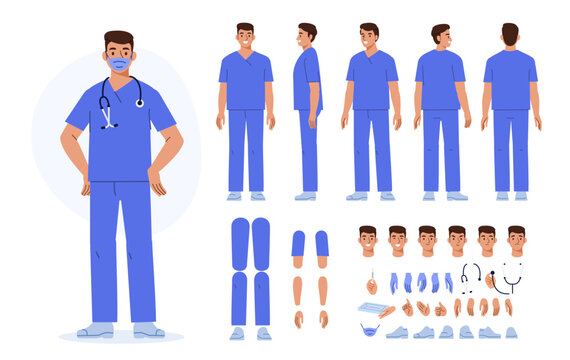 Male paramedic character constructor for animation. Emergency specialist  wearing uniform and facial mask. Front, side and back view set. Vector illustration.