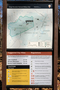 Blacksburg, South Carolina, USA- November 20, 2025:  Kings Mountain National Military Park day hike sign.