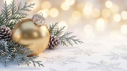 Christmas white decoration ball and spruce tree close up, bokeh lights background. Merry Christmas and Happy Holidays greeting card, frame, banner. New Year. Noel. Winter festive xmas theme