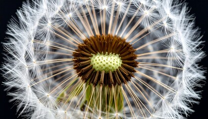 Macro close up of a dandelion seed head with delicate white parachutes radiating from a dark brown center against a black background
