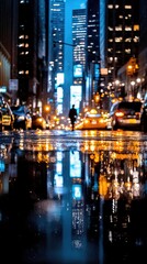 A lone silhouette walks down a city street at night, reflected in the wet pavement. Buildings and cars are visible, with a moody, atmospheric feel.