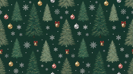 Green Christmas background with snowflakes and christmas trees,seamless pattern of christmas trees and snowflakes on green background,Christmas wrapping paper, Xmas pattern with ornaments