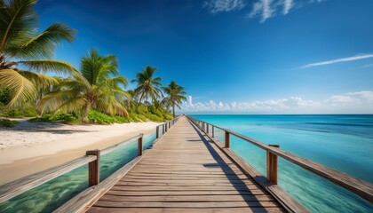 scenic wooden boardwalk leading to tranquil beach with palm trees inviting visitors to enjoy the serene coastal landscape and clear blue waters