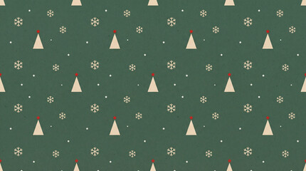 Green Christmas background with snowflakes and christmas trees,seamless pattern of christmas trees and snowflakes on green background,Christmas wrapping paper, Xmas pattern with ornaments