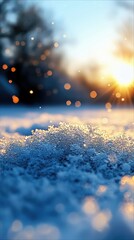 Close-up of snow illuminated by the sun's rays at dusk, creating a beautiful and serene winter landscape.