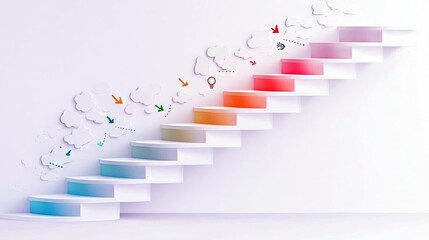 A white staircase with colorful steps and arrows pointing upwards, representing progress and achievement. The design is conceptual and minimalist.