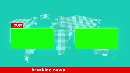 a digital news broadcast template. The background features a dotted world map with two highlighted blue screens in the center, likely placeholders for live