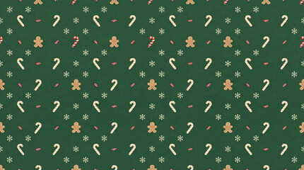 Green Christmas background with snowflakes and christmas trees,seamless pattern of christmas trees and snowflakes on green background,Christmas wrapping paper, Xmas pattern with ornaments