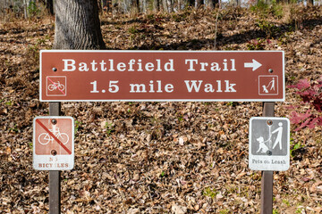Blacksburg, South Carolina, USA- November 20, 2025:  Kings Mountain National Military Park Battlefield Trail walk sign