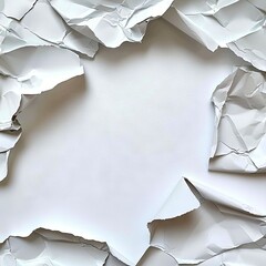 Close-up of torn white paper creating a frame with empty space in the center. Abstract background with texture and shadows.