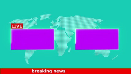 a digital news broadcast template. The background features a dotted world map with two highlighted blue screens in the center, likely placeholders for live