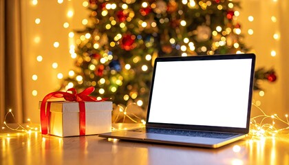 Laptop and gift box in front of a decorated Christmas tree with bokeh lights.