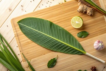 Fresh lemongrass leaf with lime on wooden cutting board