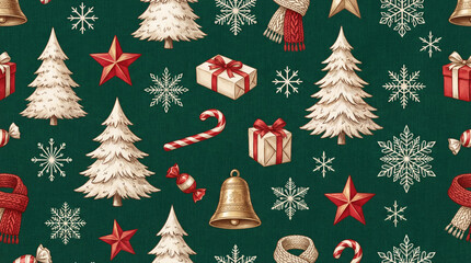 Green Christmas background with snowflakes and christmas trees,seamless pattern of christmas trees and snowflakes on green background,Christmas wrapping paper, Xmas pattern with ornaments