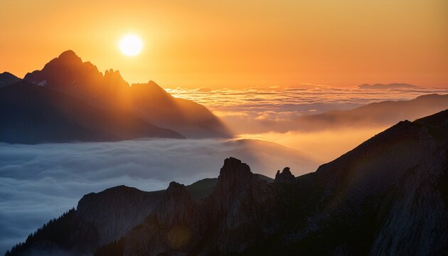whispers of dawn golden light on misty mountain peaks - Powered by Adobe