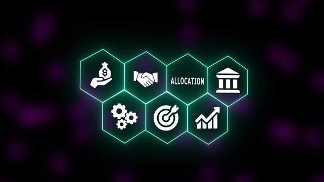 A glowing digital hexagon interface featuring allocation icons representing the strategic distribution of assets, balanced planning, and systematic resource allocation.