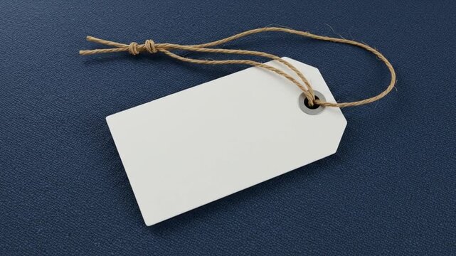 Blank white tag with twine, ready for custom labeling, on a textured dark blue surface