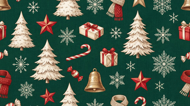 Green Christmas background with snowflakes and christmas trees,seamless pattern of christmas trees and snowflakes on green background,Christmas wrapping paper, Xmas pattern with ornaments