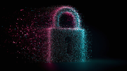 A digital padlock with a vibrant neon glow against a dark backdrop. The padlock appears to be dissolving into particles.
