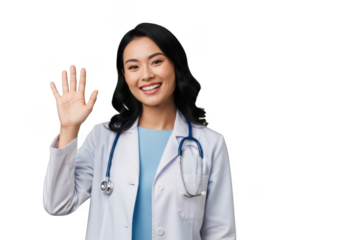 Smiling asian female medical professional wearing a white lab coat and stethoscope waving hello isolated on transparent background