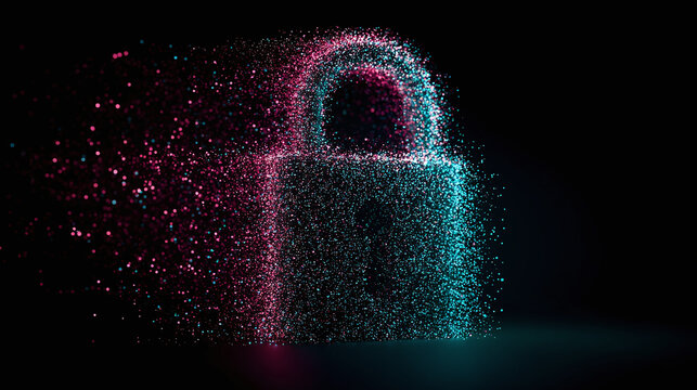 A digital padlock with a vibrant neon glow against a dark backdrop. The padlock appears to be dissolving into particles.