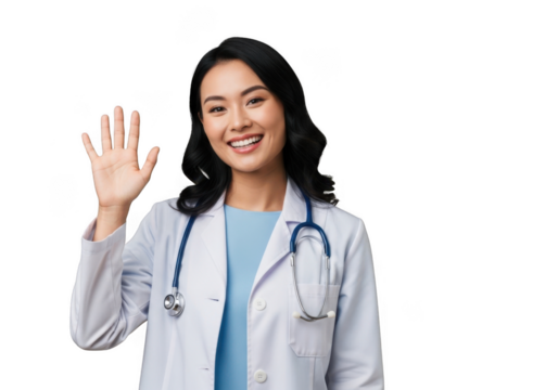 Smiling asian female medical professional wearing a white lab coat and stethoscope waving hello isolated on transparent background